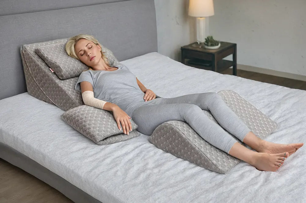 Blonde woman resting on a grey wedge pillow set, wearing a bandage on her arm, lying comfortably on a bed.